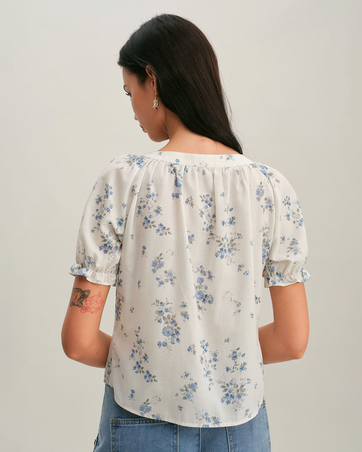 Blue Floral V Neck Button Blouse