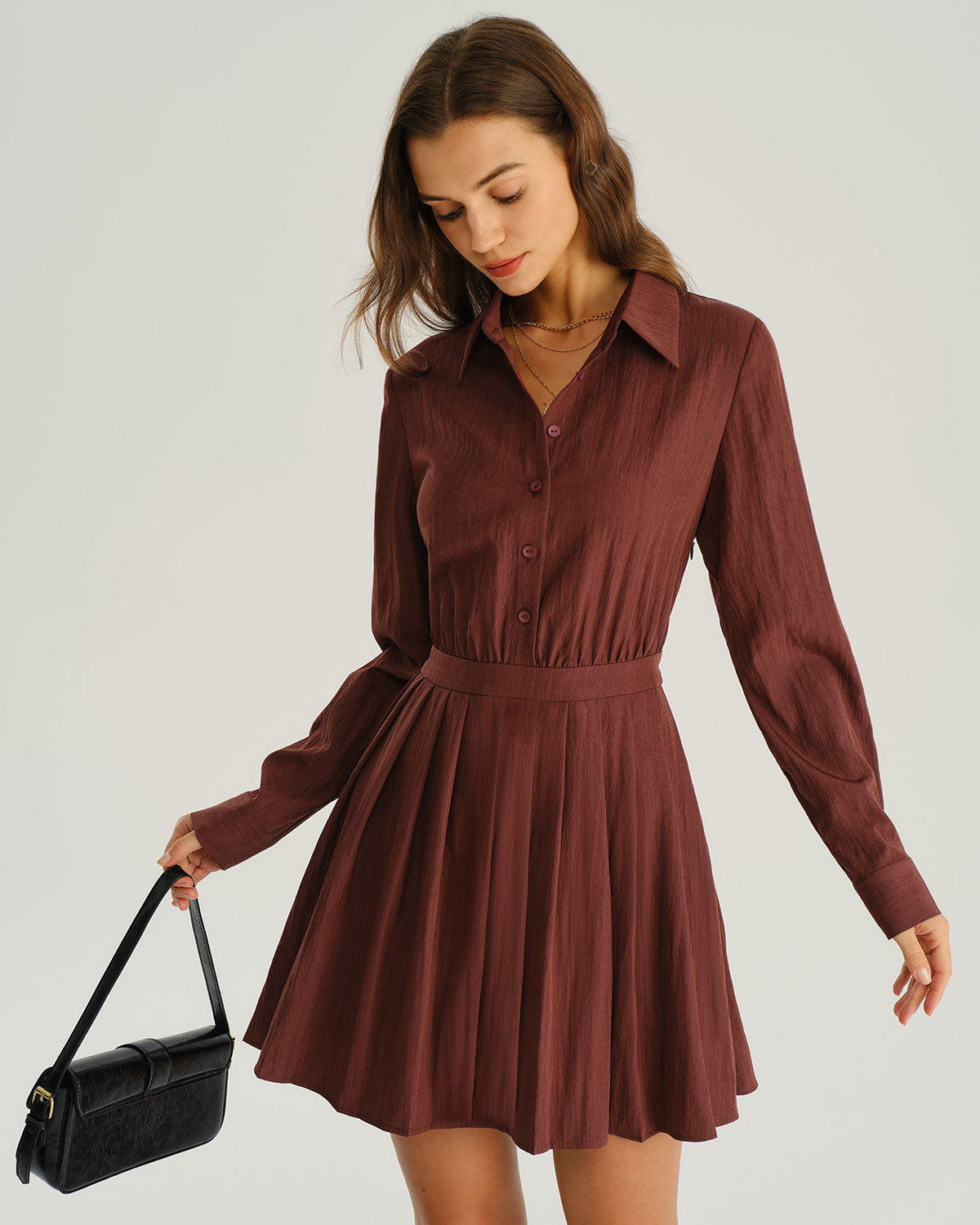 Brick Red A-Line Pleated Mini Dress
