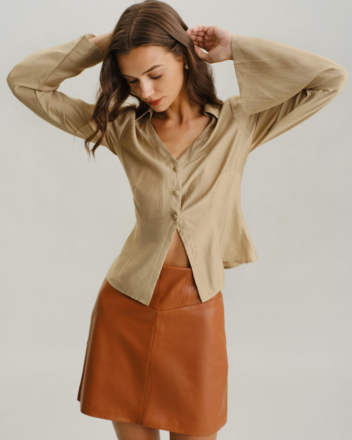 Khaki V Neck Bell Sleeve Shirt