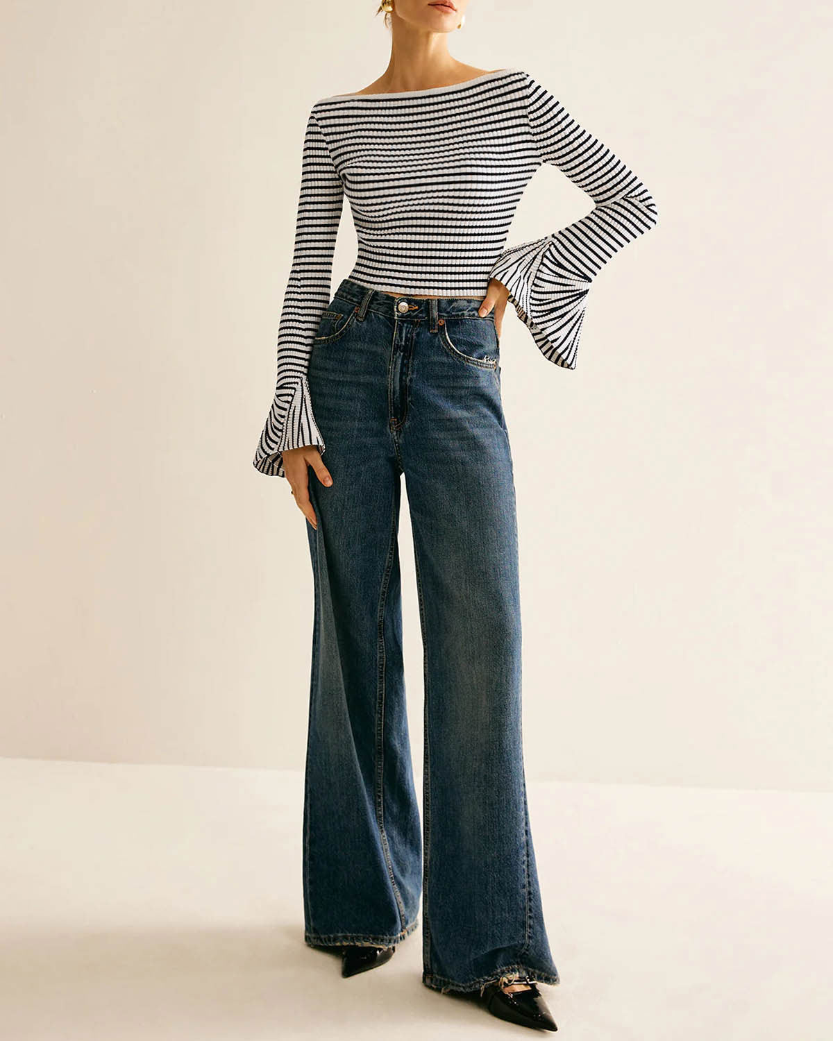 Black Striped Bell Sleeve Tee