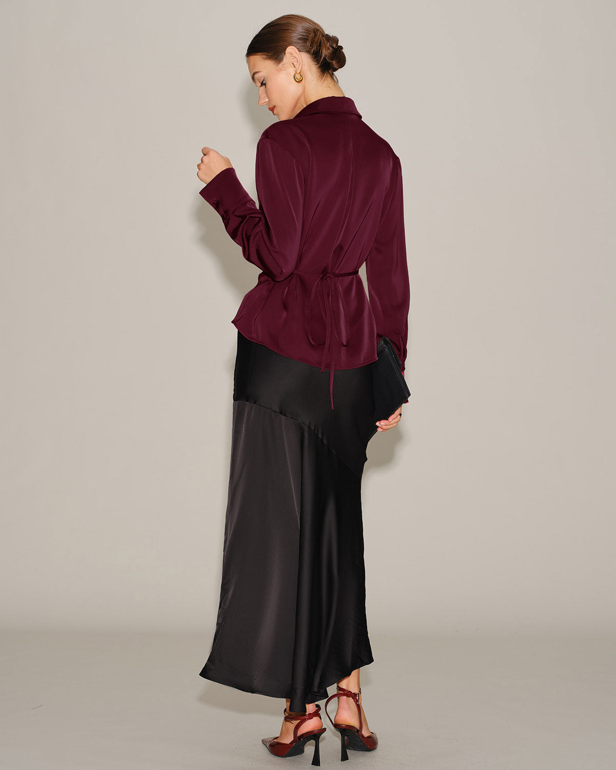 Wine Red Satin V Neck Tie Shirt