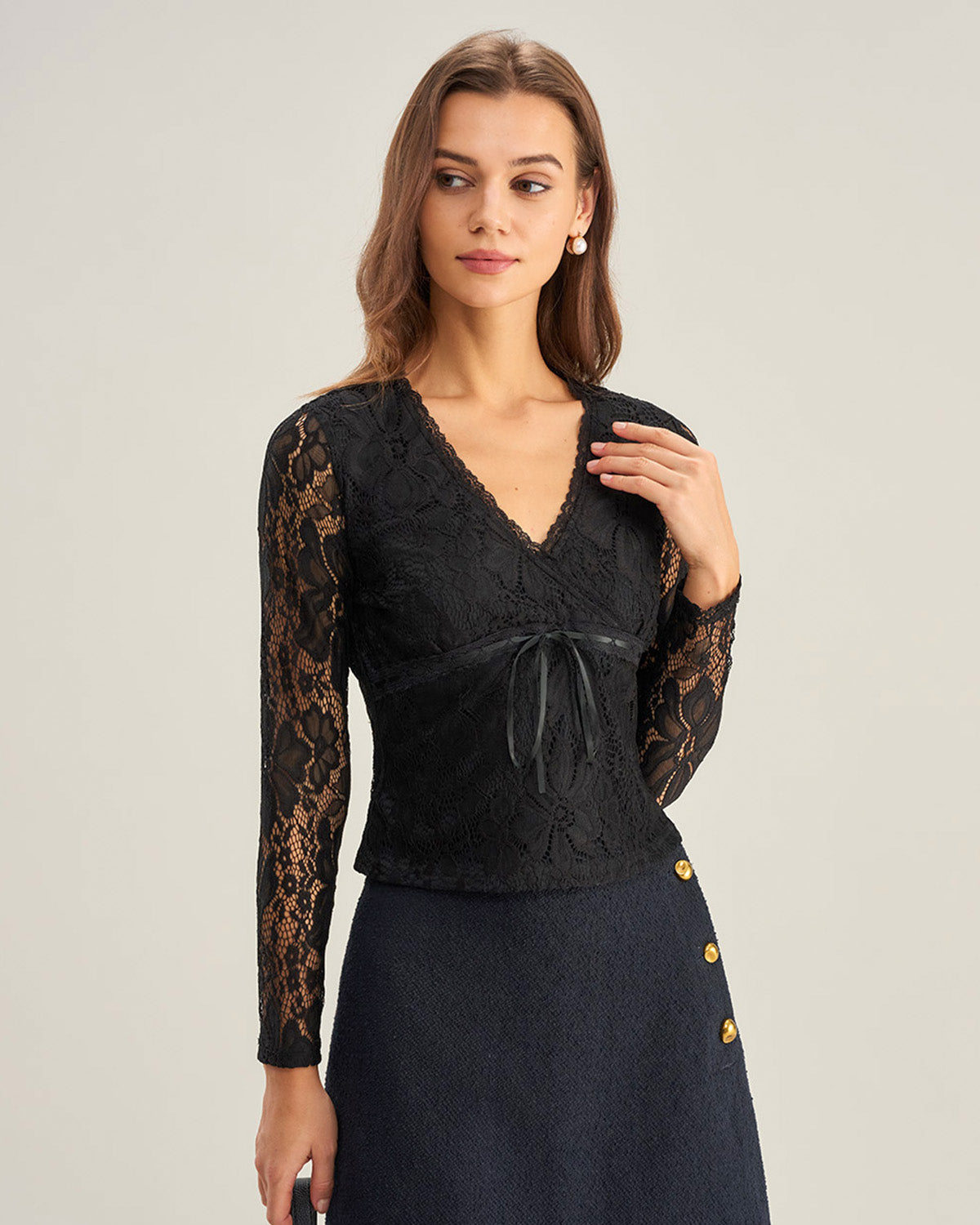 Black V Neck Slim Lace Tee