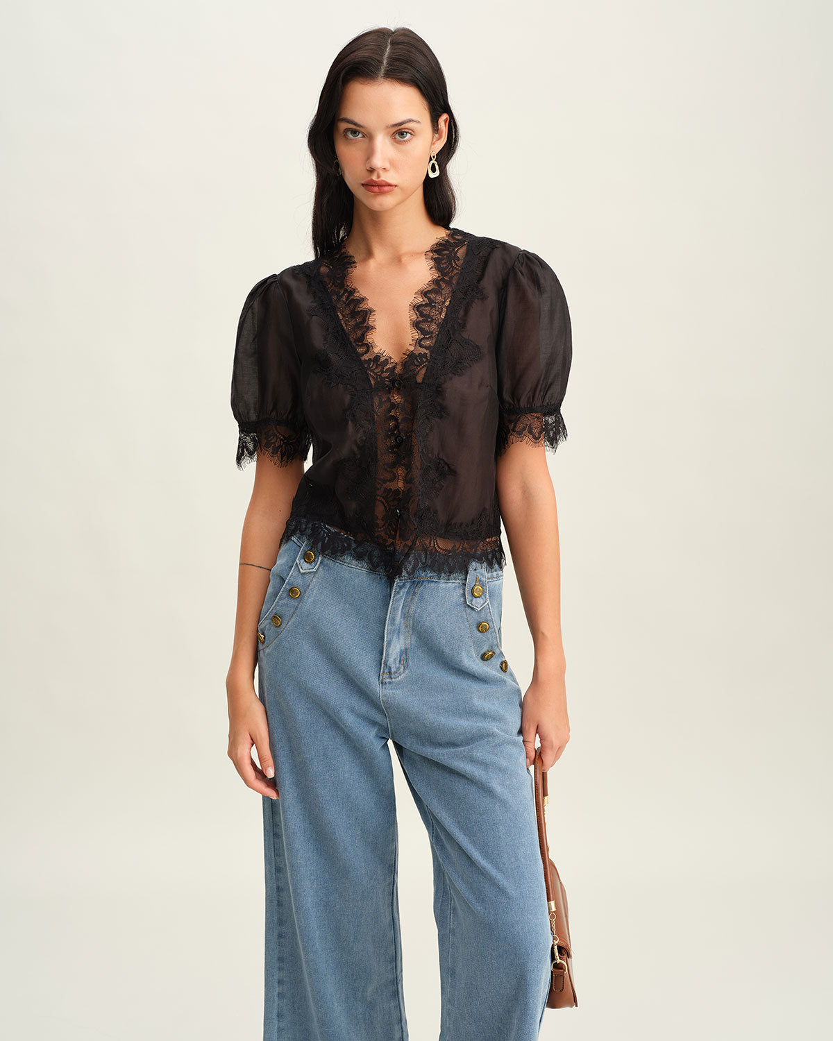 Black Puffed Sleeve Lace Blouse