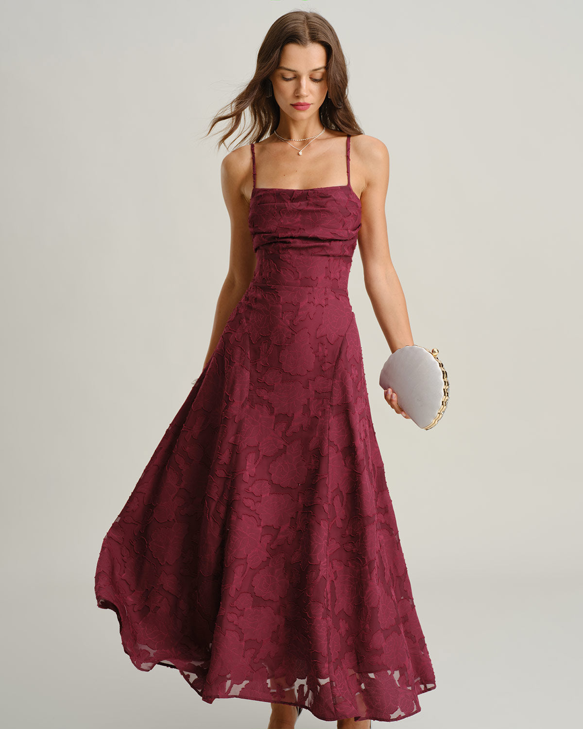 Wine Red Jacquard Slip Maxi Dress