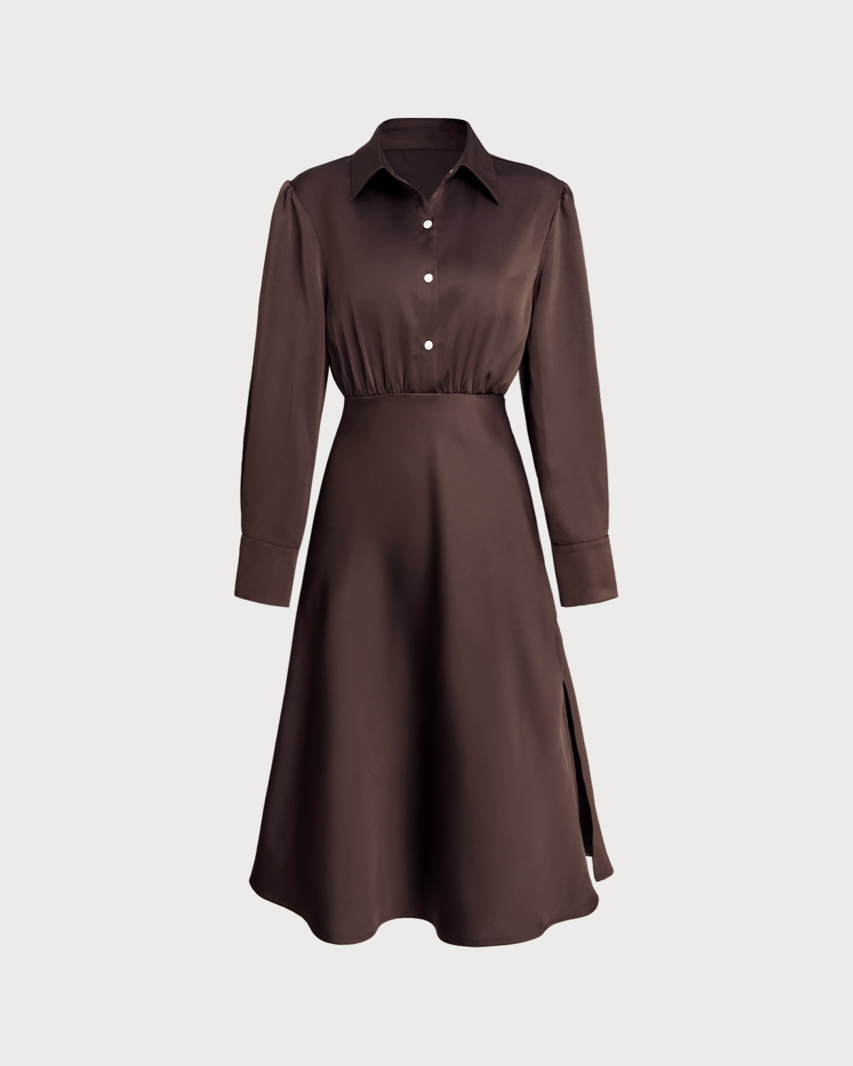 Coffee Ruched Button Midi Dress