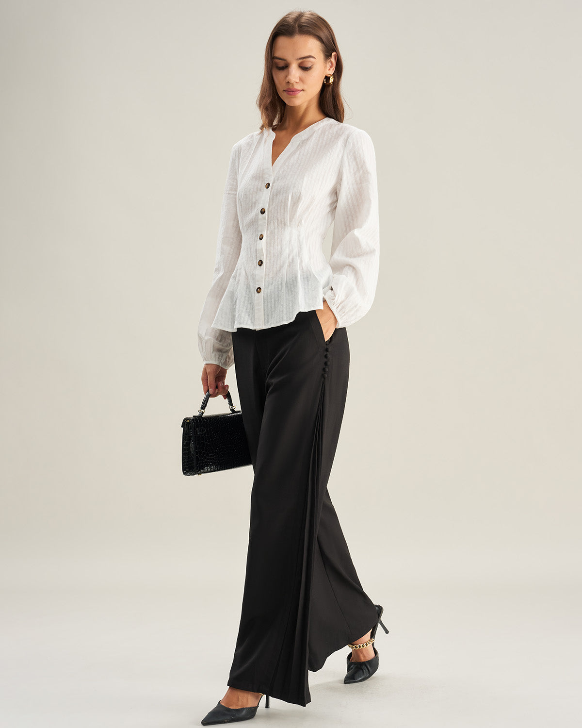 Beige Ruched Lantern Sleeve Shirt