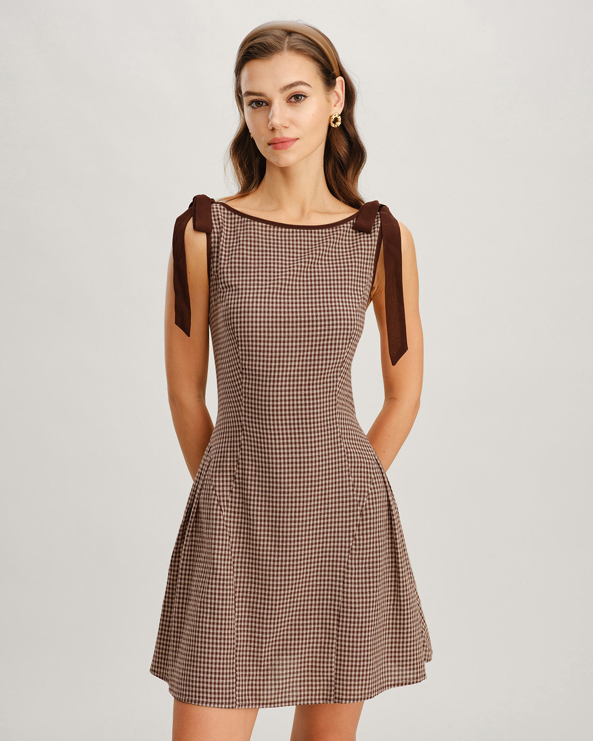 Brown Plaid Tie Strap Mini Dress