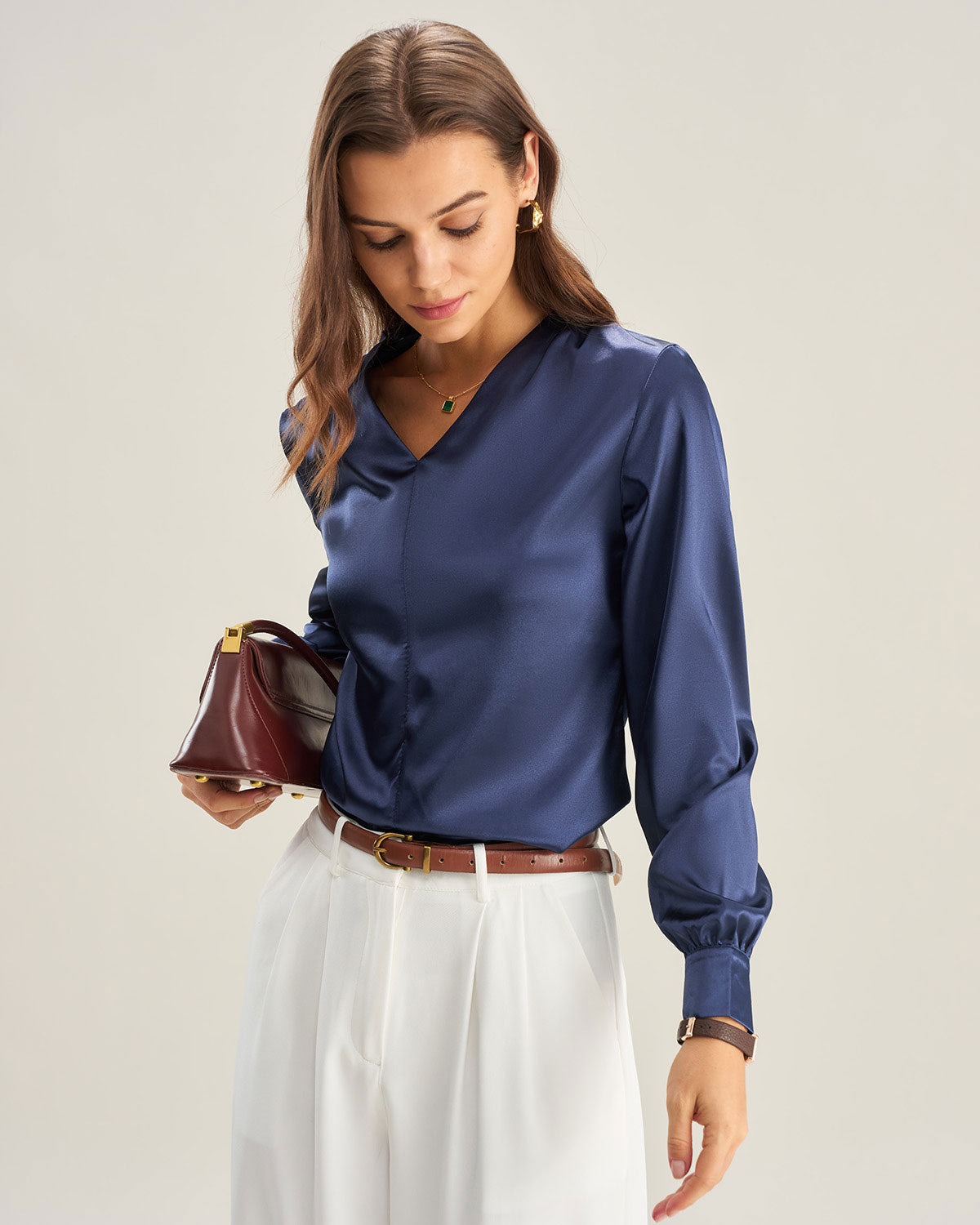 Blue Satin V Neck Shirt