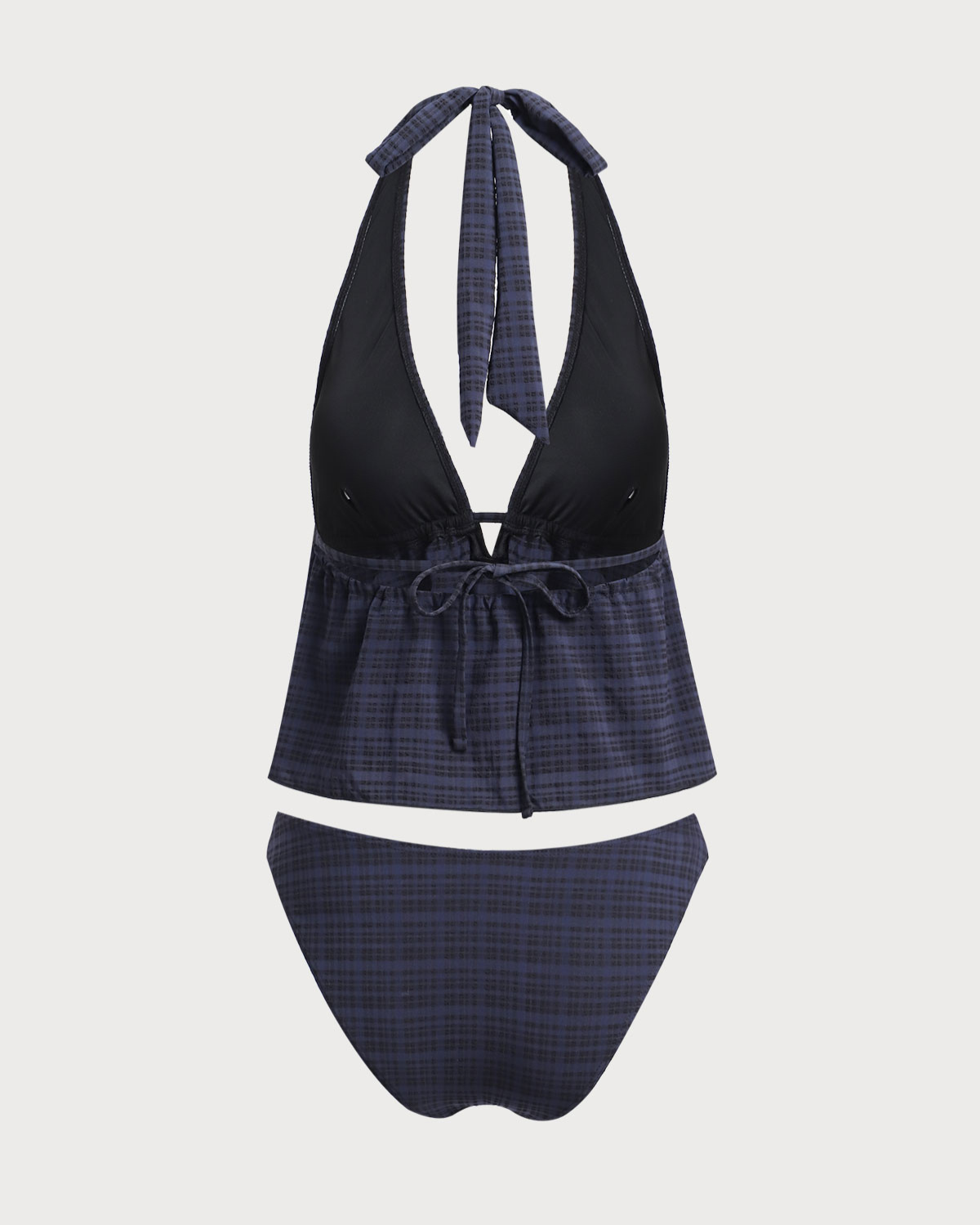 Black Deep V Neck Plaid Tankini Swimsuit