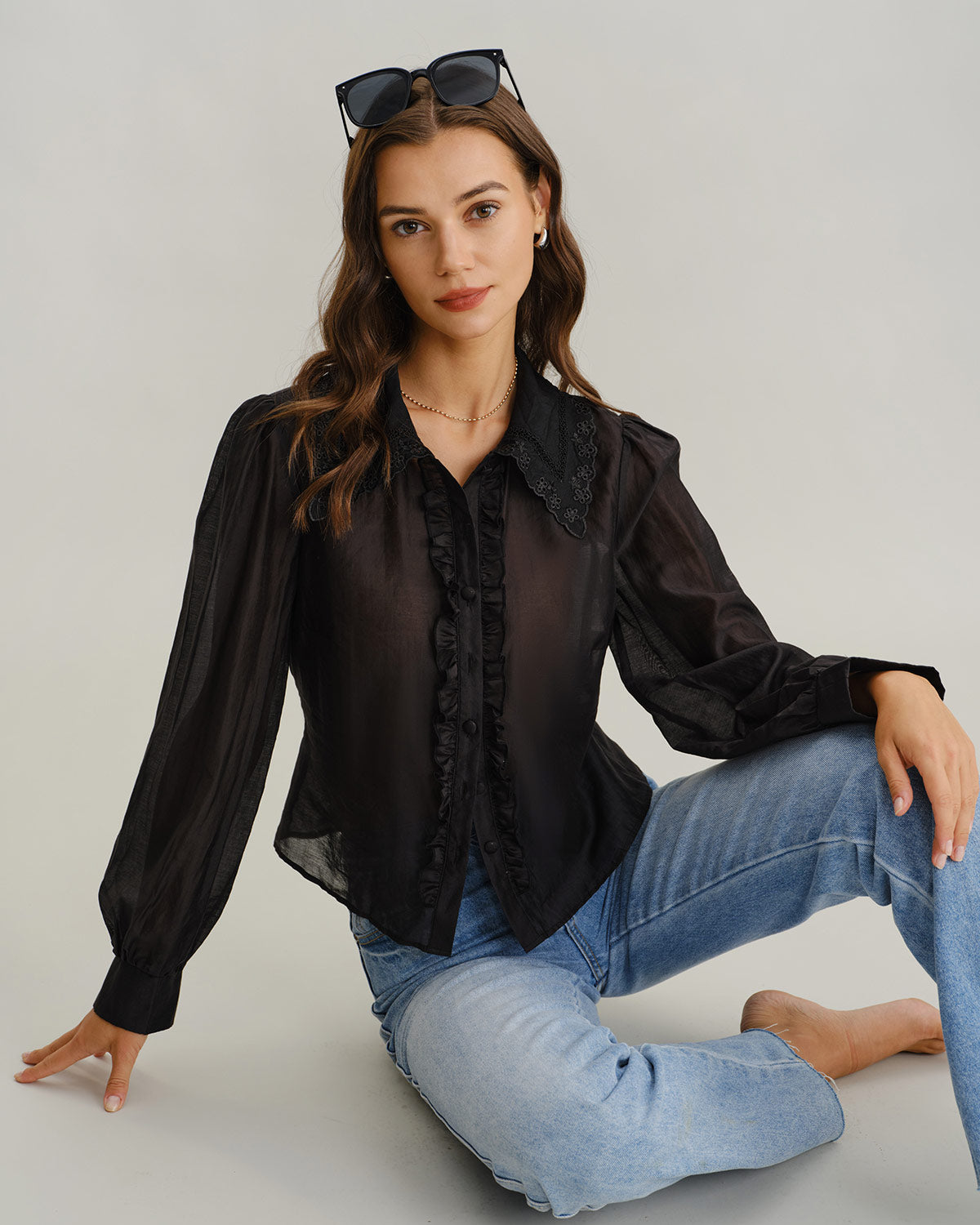 Black Lantern Sleeve Ruffle Shirt