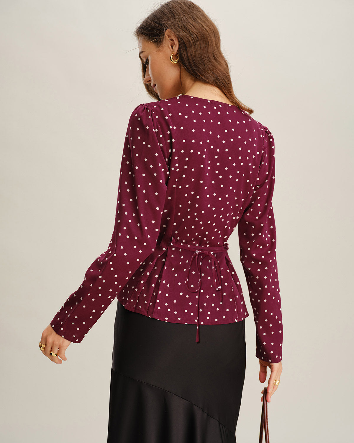 Wine Red Polka Dot V Neck Blouse