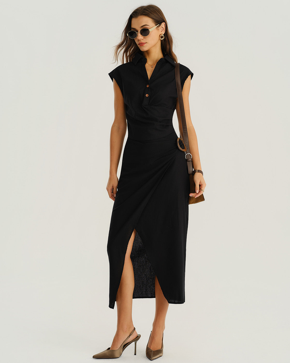 Black Cowl Sleeve Button Blouse