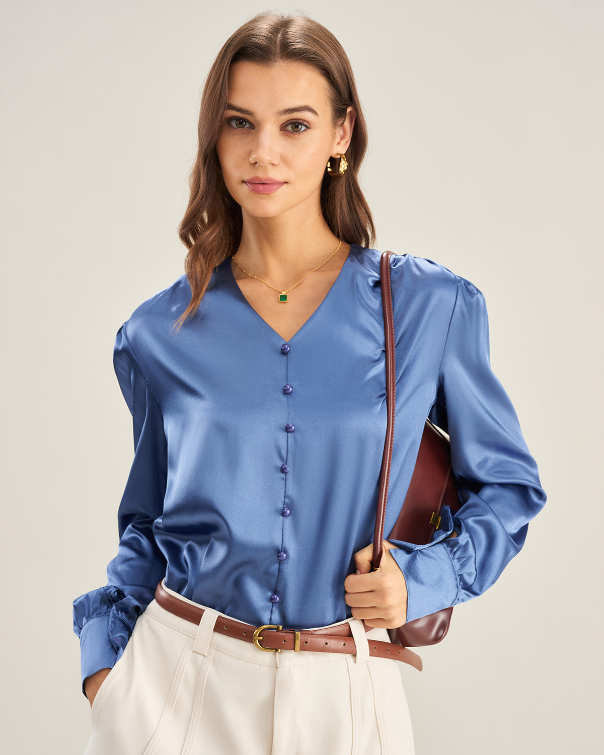 Blue Satin V Neck Loose Shirt