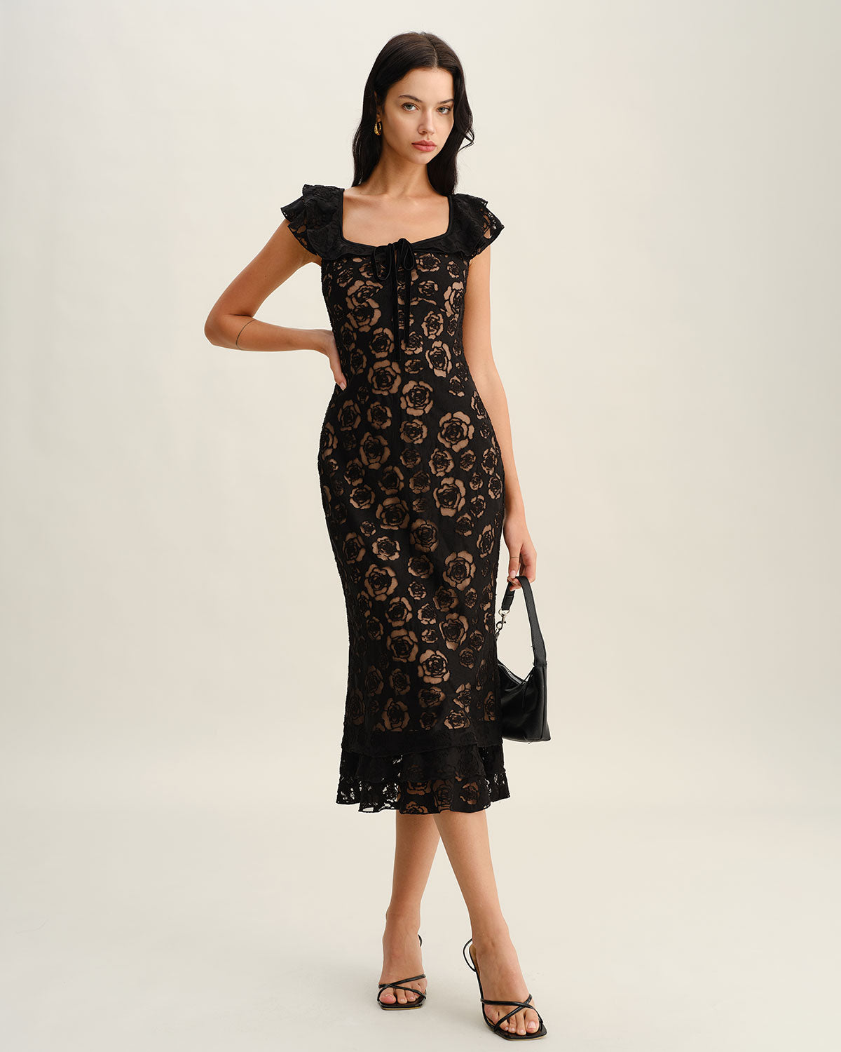 Black Textured Ruffle Mermaid Midi Dress