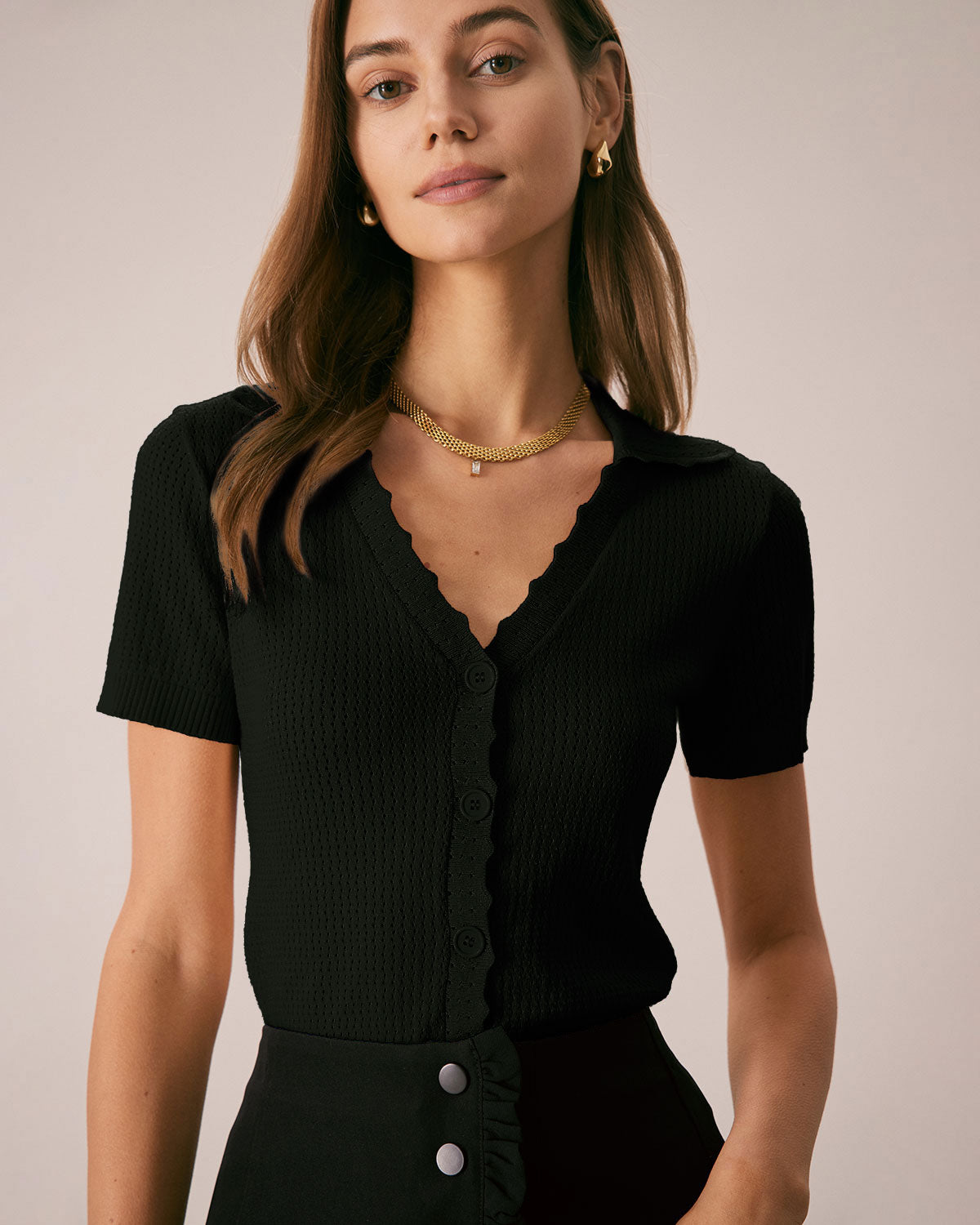 Black V Neck Button Pointelle Knit Tee