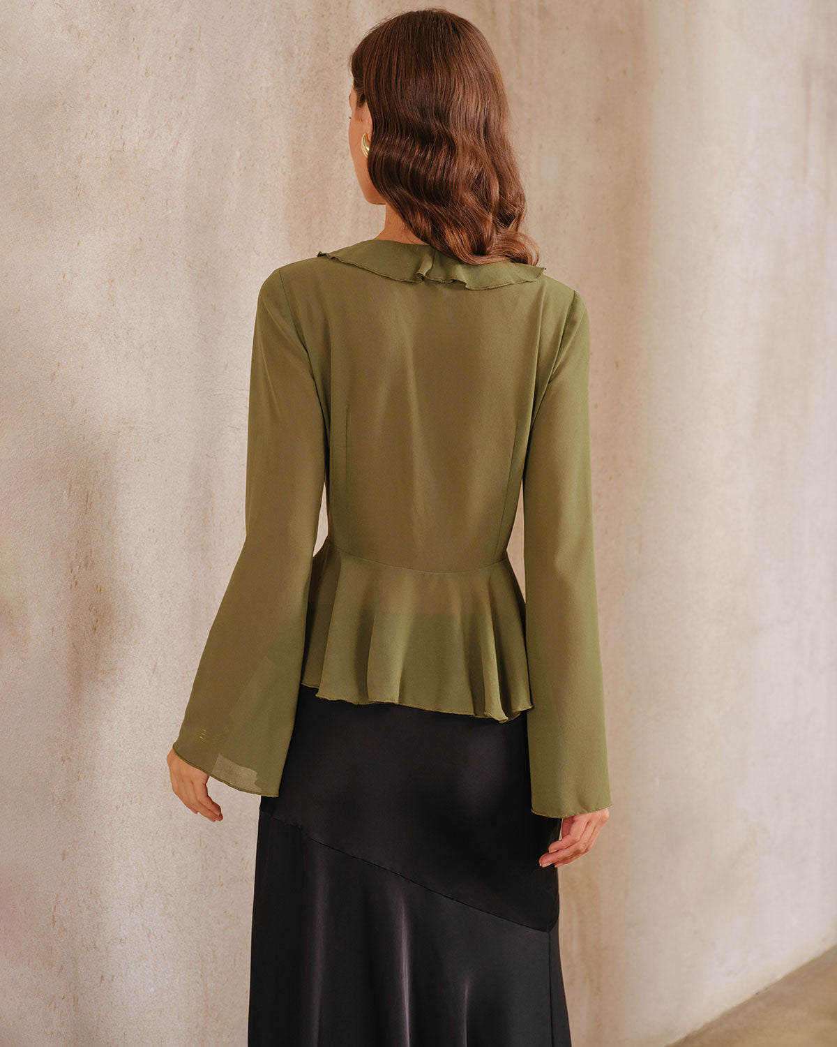 Green Chiffon Ruffle Bell Sleeve Blouse