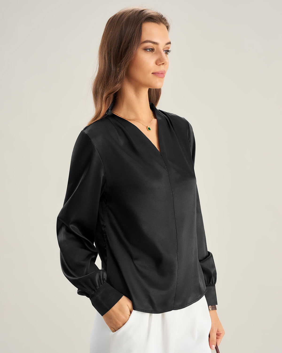 Black Satin V Neck Shirt