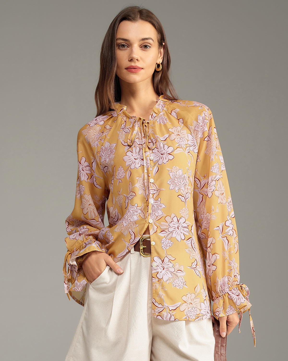 Yellow Floral Ruffle Bell Sleeve Shirt