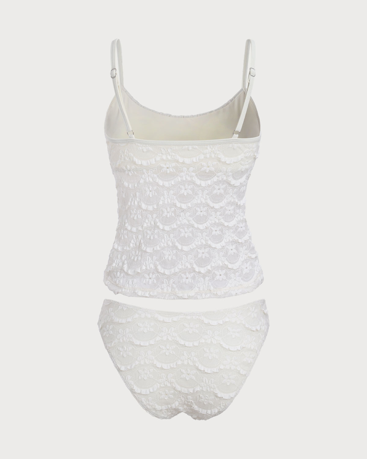 White Ruched Mesh Flower Tankini Swimsuit