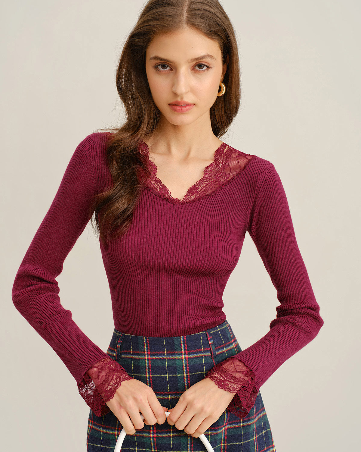 Wine Red V Neck Ribbed Knit Tee