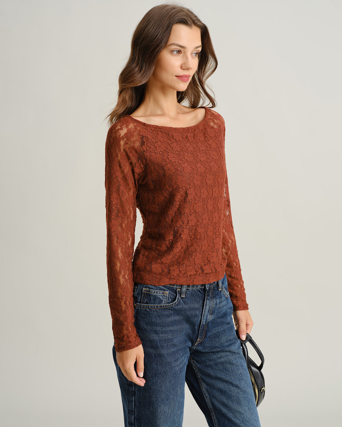 Brown Boat Neck Lace Slim Tee