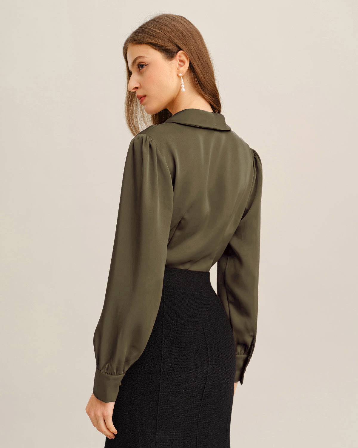 Green Satin V-Neck Shirt