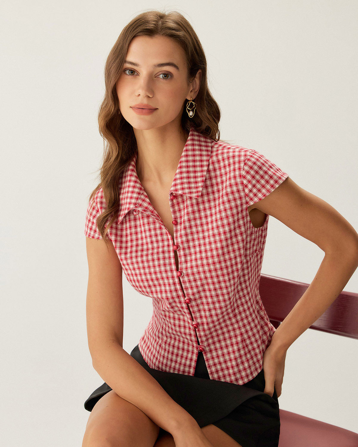Red Plaid Cap Sleeve Button Blouse