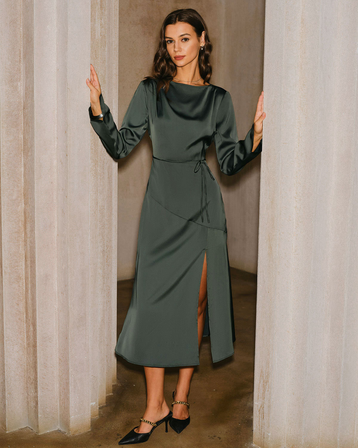 Green Satin Cowl Neck Slit Midi Dress
