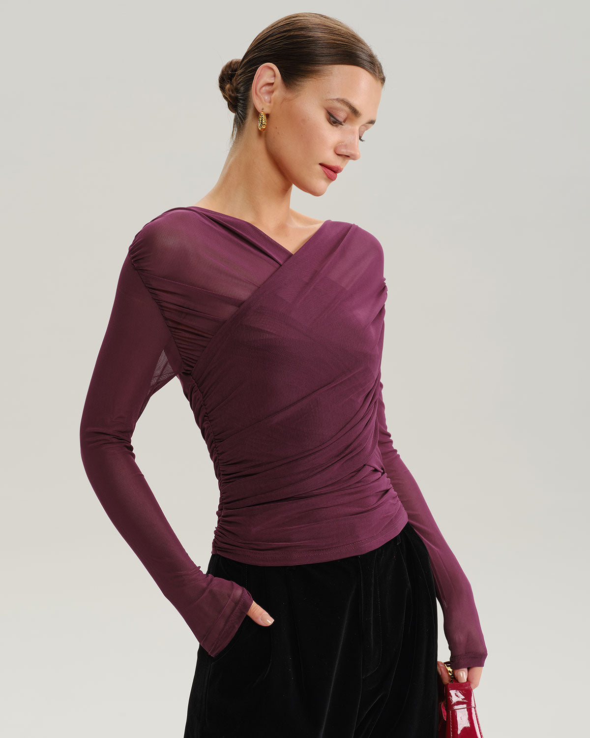 Wine Red V Neck Slim Mesh Tee