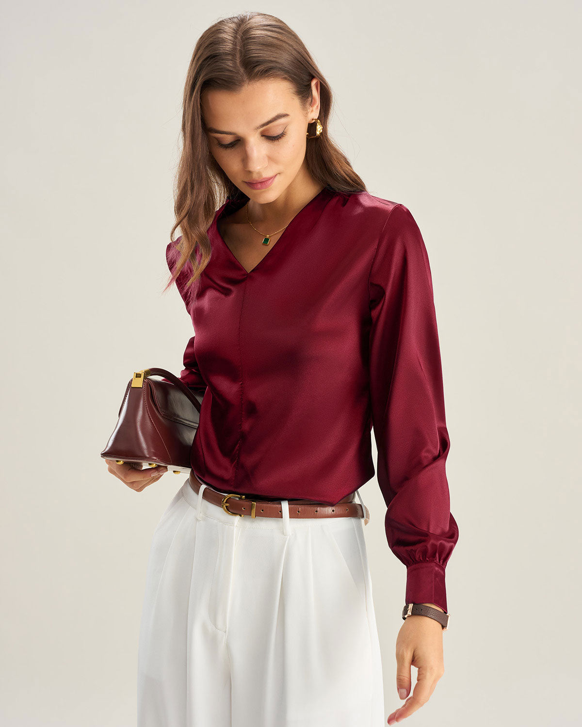 Wine Red Satin V Neck Shirt