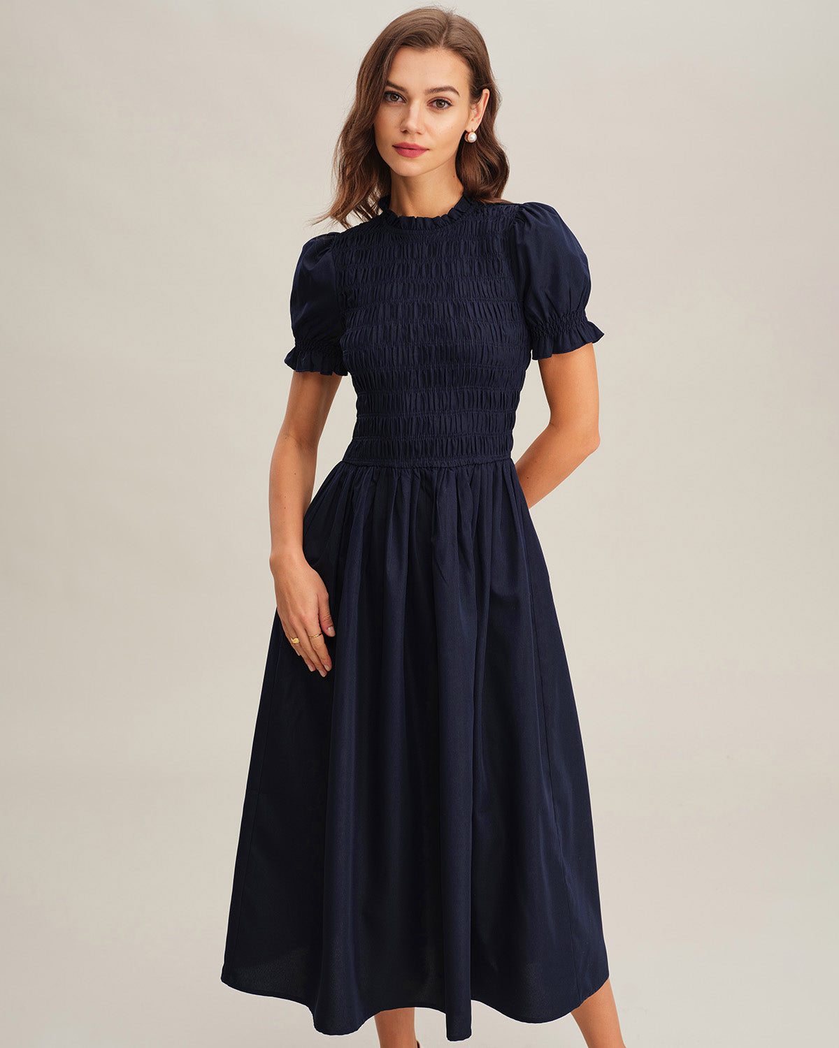 Blue Shirred A-Line Midi Dress