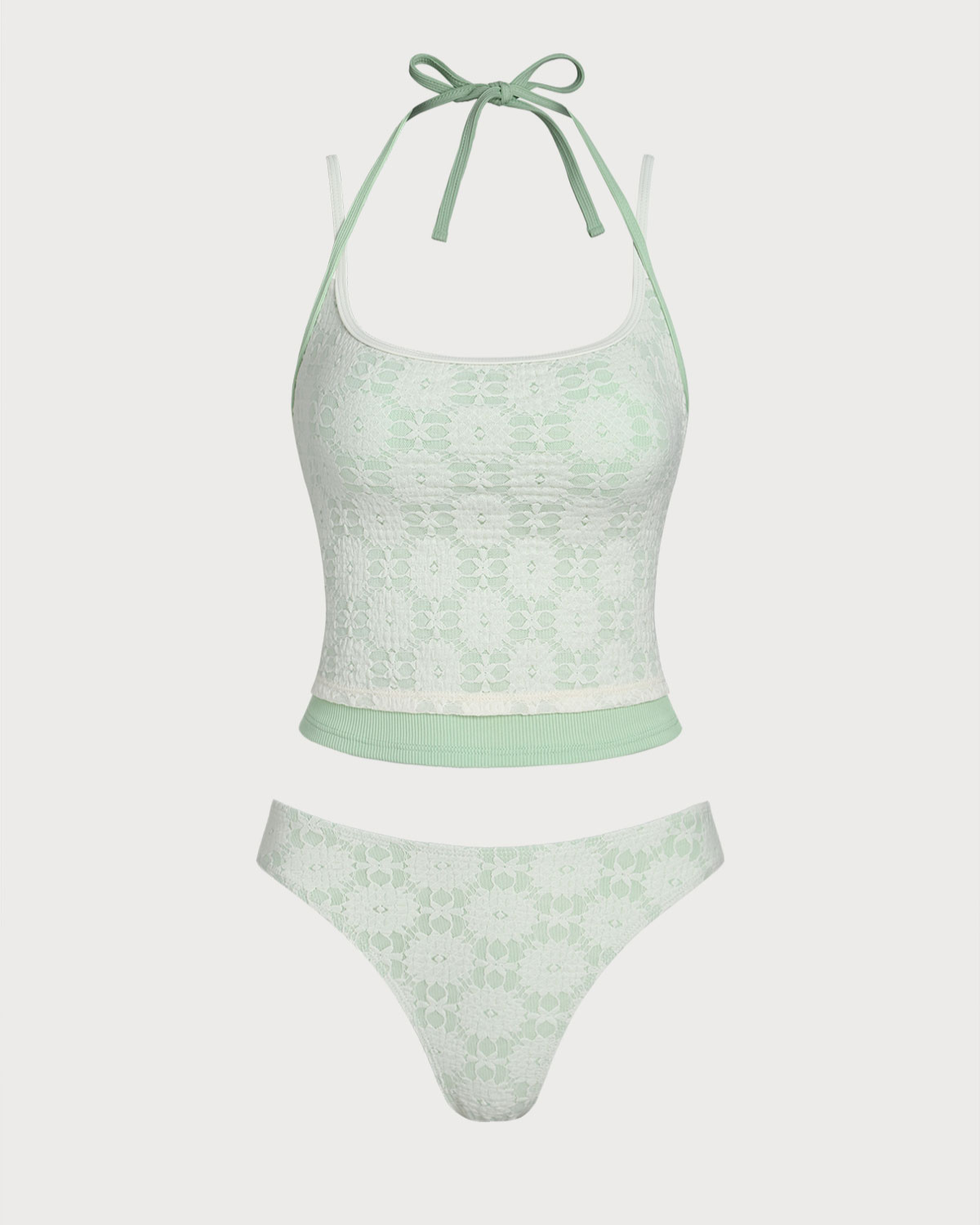 Green Contrast Lace Tankini Swimsuit