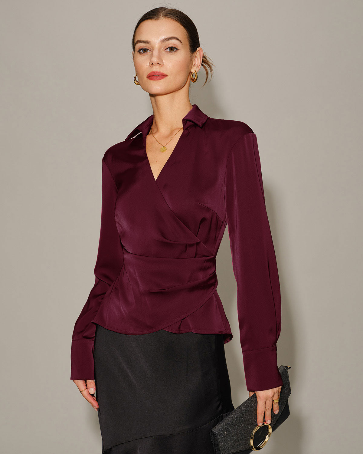 Wine Red Satin V Neck Tie Shirt