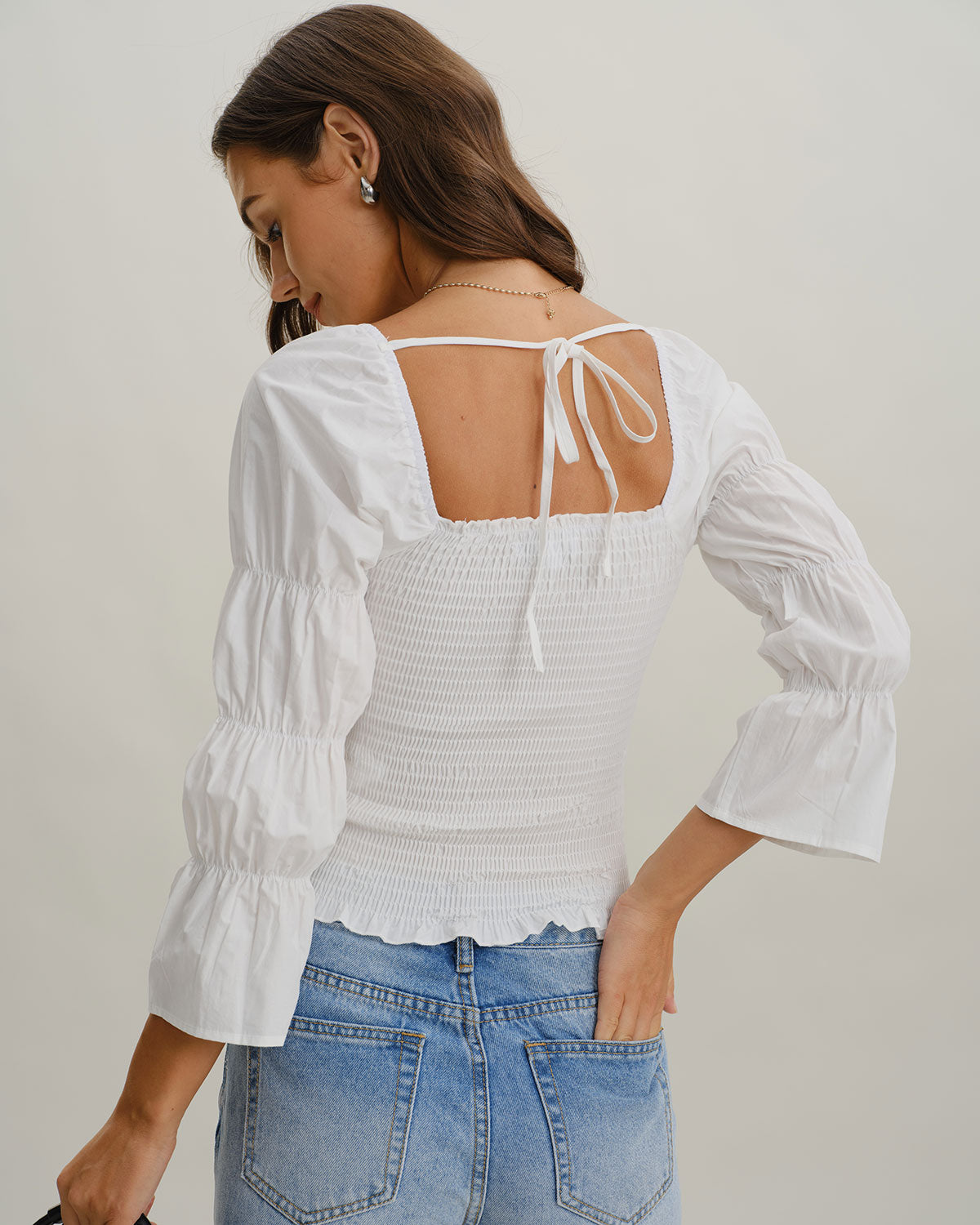 White Square Neck Shirred Blouse
