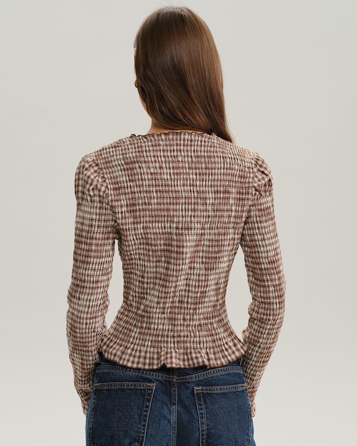 Brown Plaid Shirred Poet Sleeve Blouse