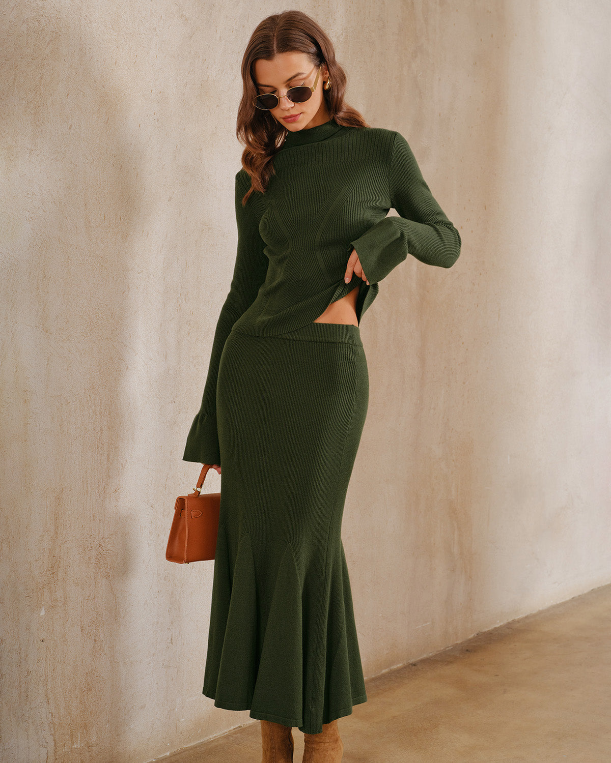 Green Knit Mermaid Midi Skirt