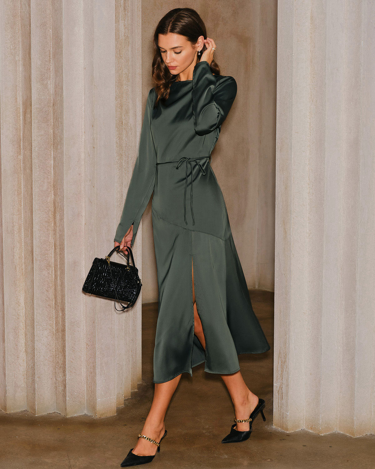 Green Satin Cowl Neck Slit Midi Dress