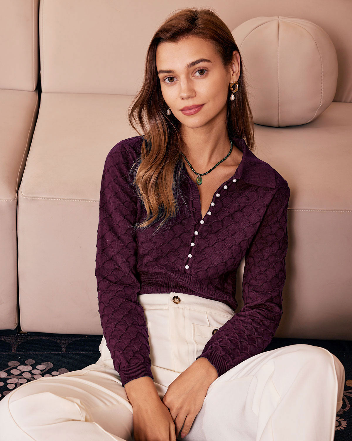 Purple Pearl Buttons Knit Tee