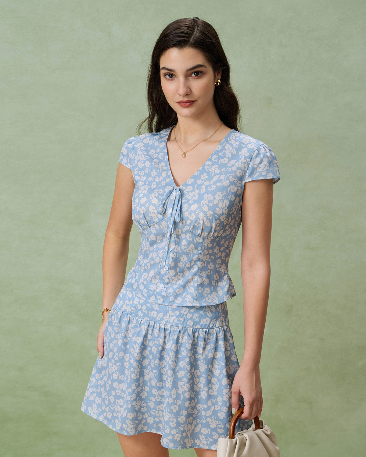 Blue Floral V-Neck Blouse