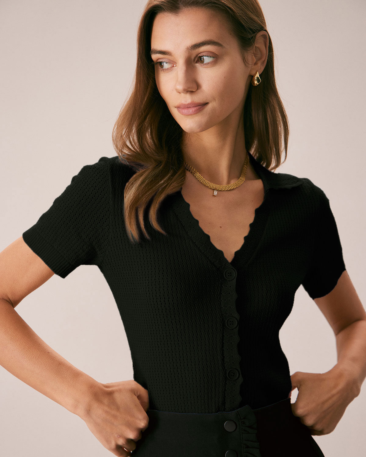 Black V Neck Button Pointelle Knit Tee