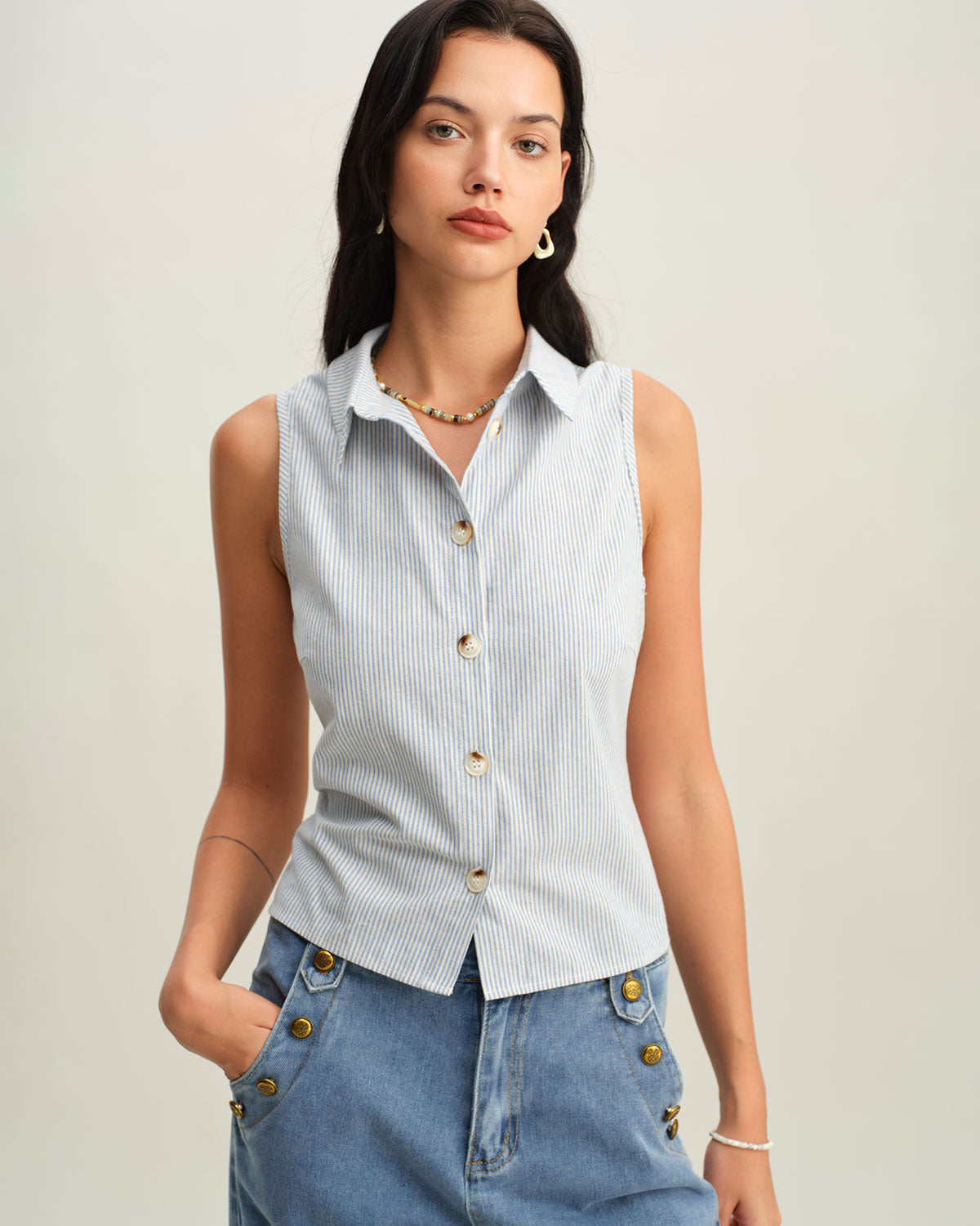 Blue Striped Button Sleeveless Blouse