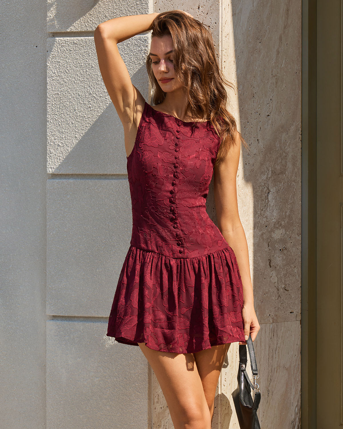 Red Jacquard Boat Neck A-Line Mini Dress