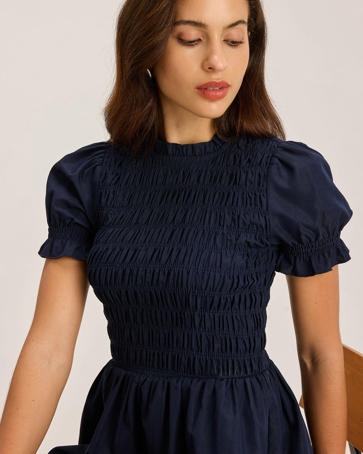 Blue Shirred Puffed Sleeve Mini Dress