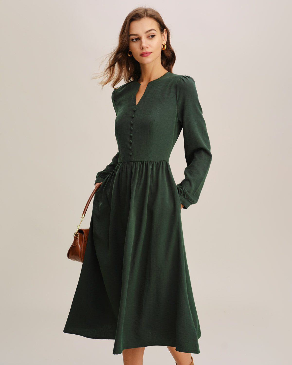 Green A-Line Pleated Midi Dress
