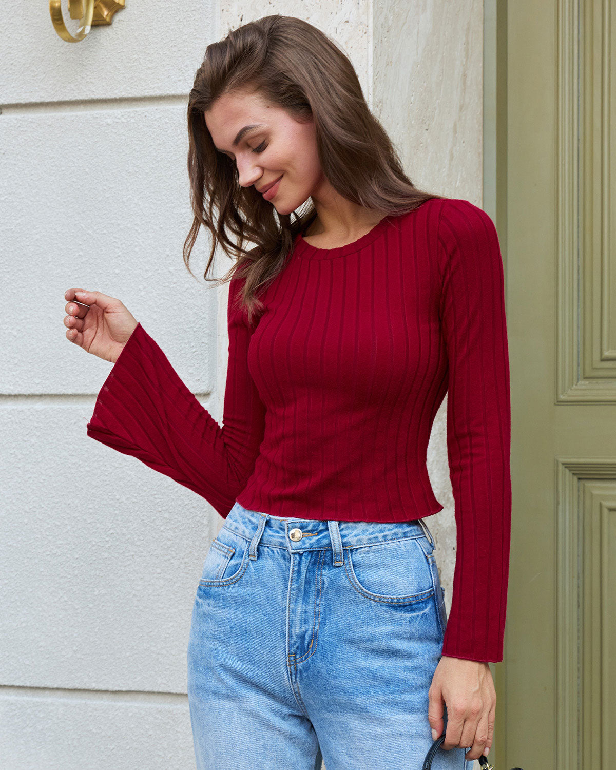 Wine Red Ribbed Knit Bell Sleeve Tee