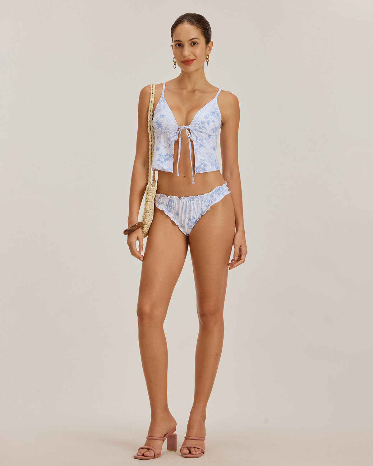 Blue Floral Tie Front Tankini Set