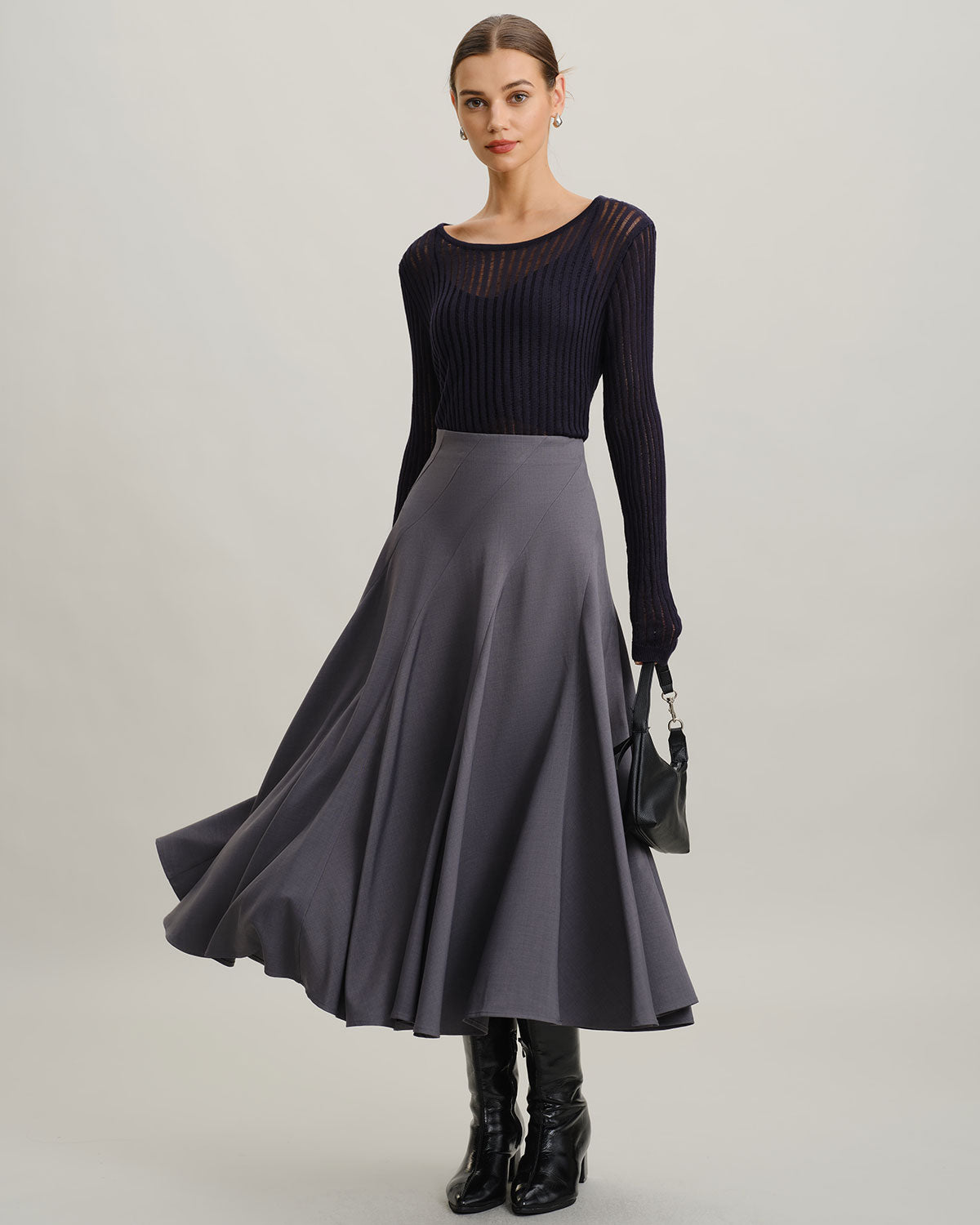 Grey High Waisted Pleated Midi Skirt