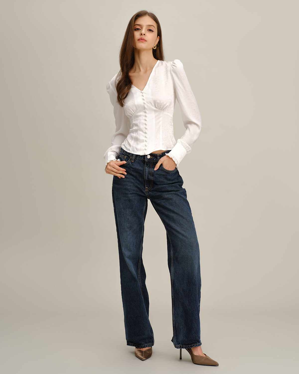 White Ruched V Neck Shirt