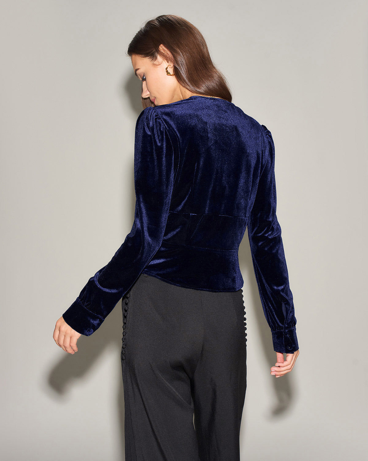 Navy V Neck Velour Blouse