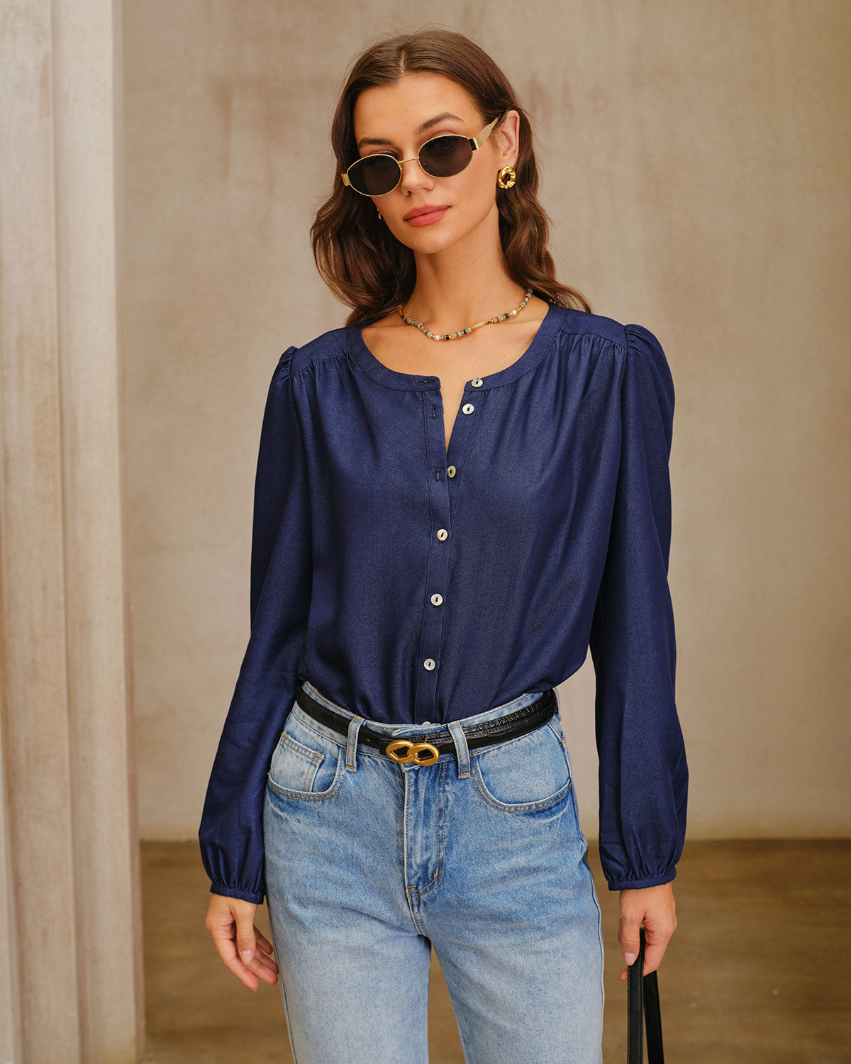 Navy Round Neck Puffed Sleeve Blouse